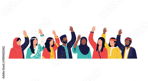 Diverse Group of People Raising Hands Together in Unity.