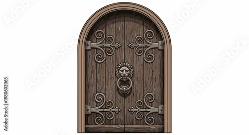 An old, arched wooden door with ornate iron hinges and a lion-head knocker