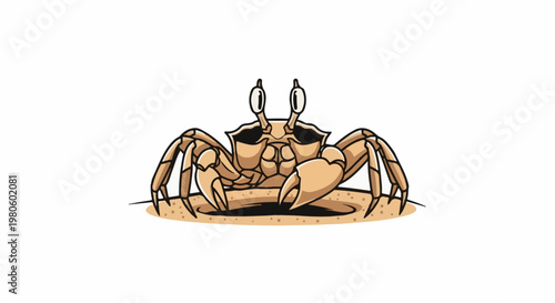 Cartoon crab with large eyes and claws emerging from sand