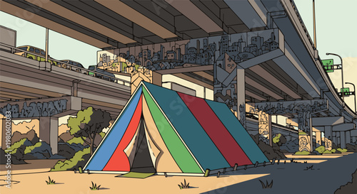 Colorful tent under elevated highway with traffic and graffiti