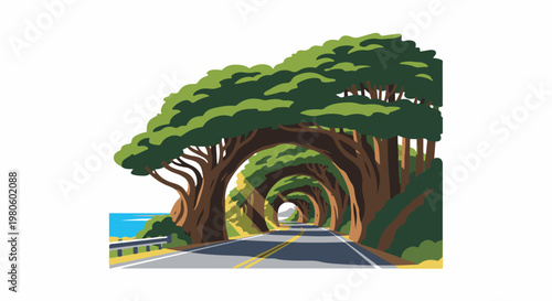 A scenic road curves through a vibrant, tree-lined tunnel of foliage