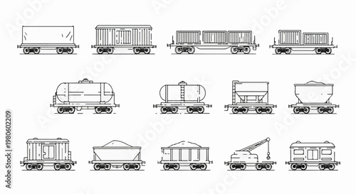 Diverse selection of freight train cars, including tankers, containers, and open hoppers