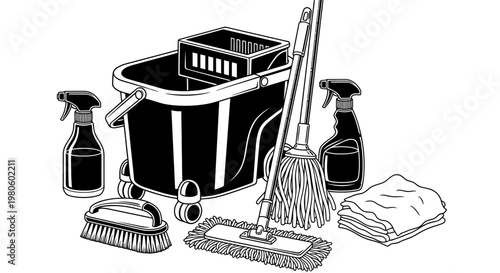 Cleaning Supplies Set with Mop Bucket and Spray Bottles Vector Illustration