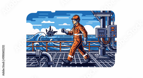 Oil worker in protective gear walks across platform with rig offshore