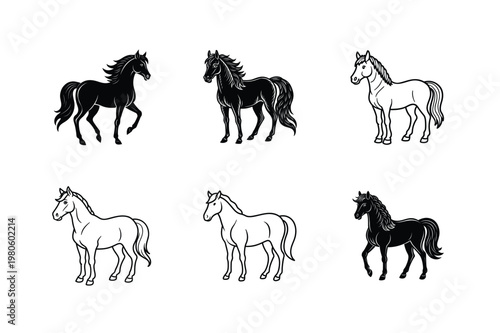 Set of stylized horses illustrations in black and white outline and silhouette