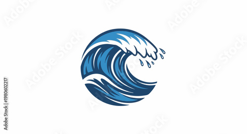 Stylized blue wave cresting with water droplets flying off