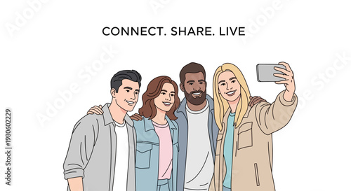 Diverse group of young friends taking a group selfie together.