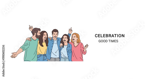 Group of diverse young friends celebrating together in a casual hand-drawn style illustration.