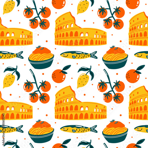 Italian Summer vector seamless pattern with illustration of pizza, coffee and colosseum in playful cartoon funky groovy doodle style for travel or food blog 