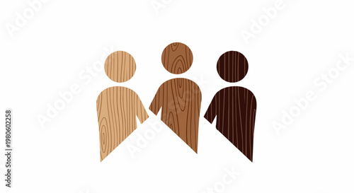 Three figures, different shades of wood grain, linked together
