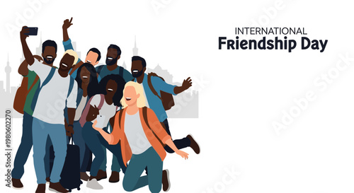 Diverse group of happy young friends celebrating International Friendship Day.