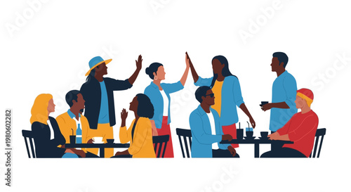Group of diverse young people having fun and high fiving in a cafe setting.