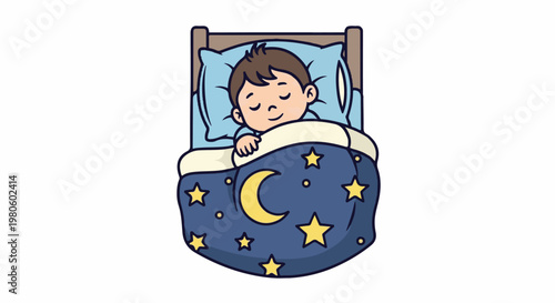 A cute cartoon boy sleeps soundly in a bed with a moon and star patterned blanket
