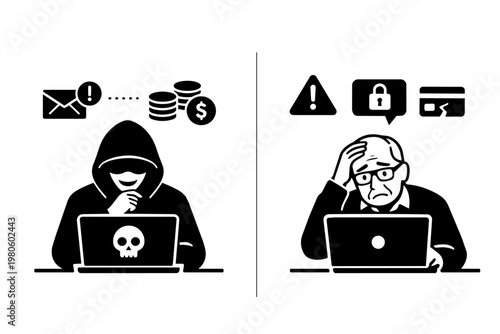 Online Risk Concept with Suspicious Person and Elderly User Black and White Icon Illustration

不審な人物と高齢者のネットトラブルを表すモノクロアイコンイラスト
