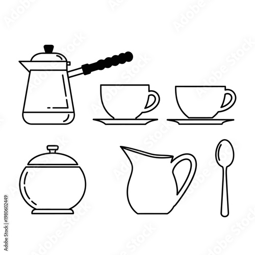 Coffee and Tea Time Set Line Art Icons