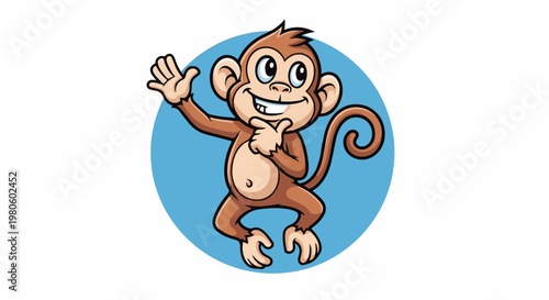 A cartoon monkey with brown fur and a curly tail is waving