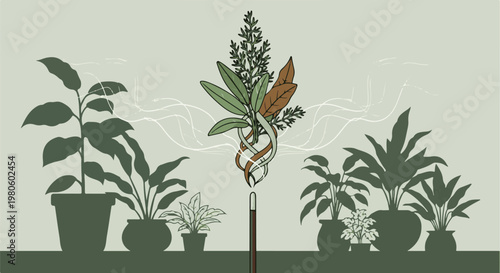 Potted plants surround a magical staff creating an ethereal botanical display