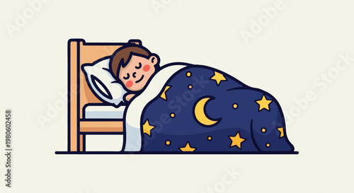 Child sleeping soundly under a starry night blanket