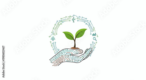 Digital hand cradles growing plant within circuit board wreath, symbols of innovation