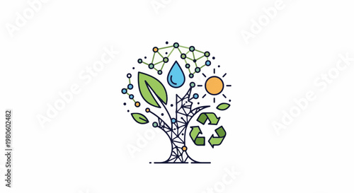 A stylized tree with interconnected nodes, a sun, a water droplet, and a recycling symbol