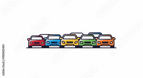A line of colorful cars are parked in a row on a white background