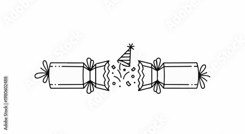 A line drawing of an open party cracker with confetti and a hat