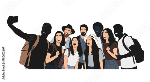 Group of diverse young friends taking a group selfie photo together.