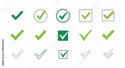 Collection of various checkmark graphic icons in green and gray on a white background