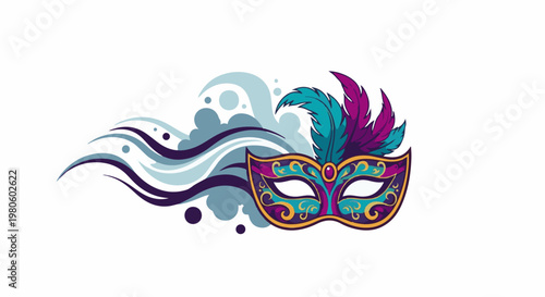 Colorful ornamental mask with feathers and flowing abstract shapes