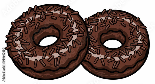 Two chocolate frosted donuts with sprinkles arranged in an infinity symbol