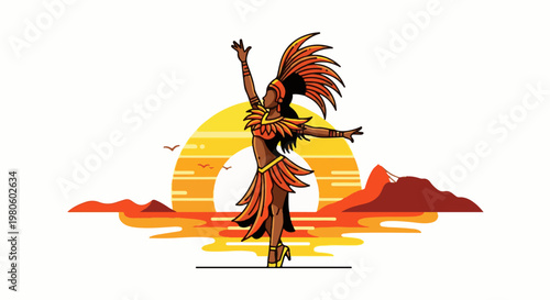Festive dancer in vibrant costume on sunset beach with distant mountains and birds