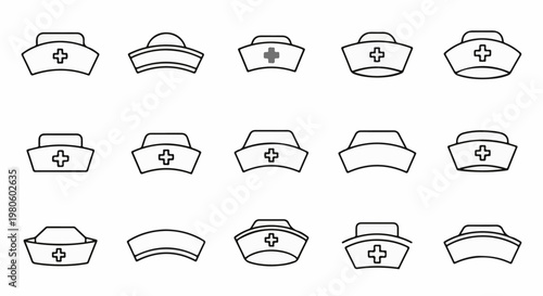 Collection of nurse caps, some with cross emblems, in a graphic design layout