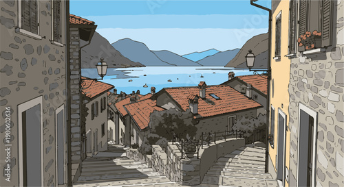 A picturesque coastal village street with terraced houses leading to a tranquil blue bay