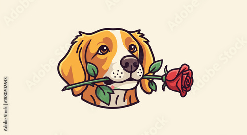 A cute, cartoonish dog holds a red rose in its mouth on a pale background