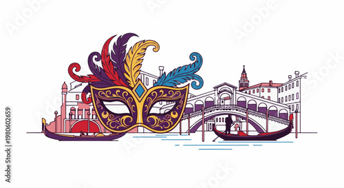 Festive Venetian mask with gondolas and iconic bridge at sunrise