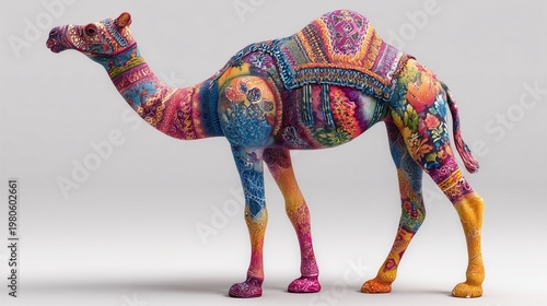 Colorful camel statue with realistic hump details and abstract painted patterns, isolated on white background with crisp product photography look.
