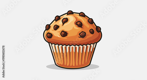 A cartoon-style chocolate chip muffin sits on a white background