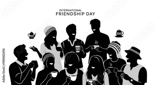 Silhouette illustration of a diverse group of friends enjoying coffee together for International Friendship Day.