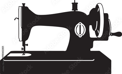 Black sewing machine silhouette with white details on white background