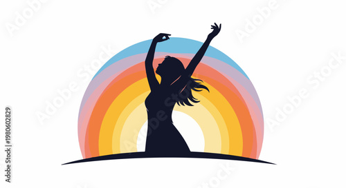 Silhouette of a dancing woman with arms raised against a bright, colorful rainbow