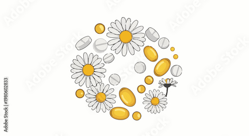 Daisies and pills arranged in a circle on white background