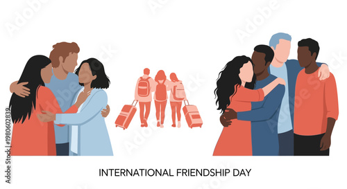 Diverse group of friends celebrating International Friendship Day with hugs and travel.