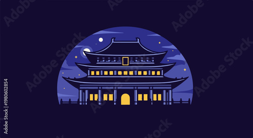 Pixelated traditional building illuminated under a starry night sky