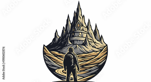 A solitary figure faces a colossal, jagged mountain resembling a fort