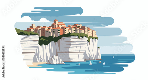 Cliffside town overlooks a serene bay with sailboats dotting the blue water