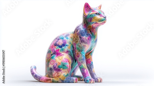 Colorful cat statue sitting gracefully with detailed fur carving and glossy resin texture, isolated on white background with soft diffused studio light.