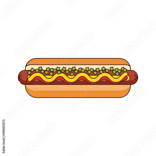 A cartoon hot dog with condiments and toppings on a white background