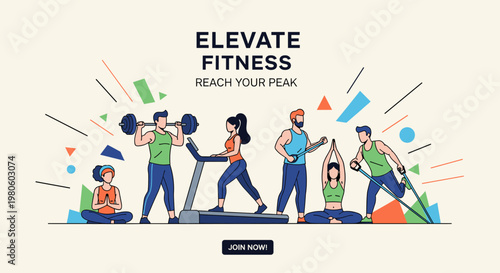 Diverse group of people engaged in various fitness activities, including weightlifting, running, yoga, and resistance training, promoting a healthy lifestyle.