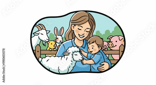 A mother and child joyfully interact with various farm animals in a picturesque setting