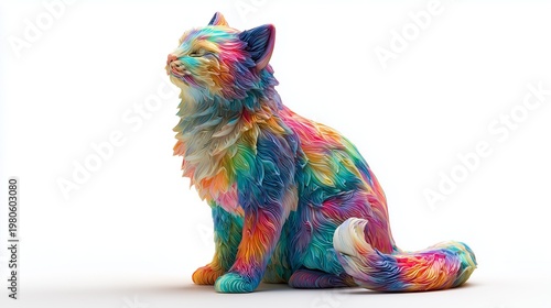 Colorful cat statue sitting gracefully with detailed fur carving and glossy resin texture, isolated on white background with soft diffused studio light.